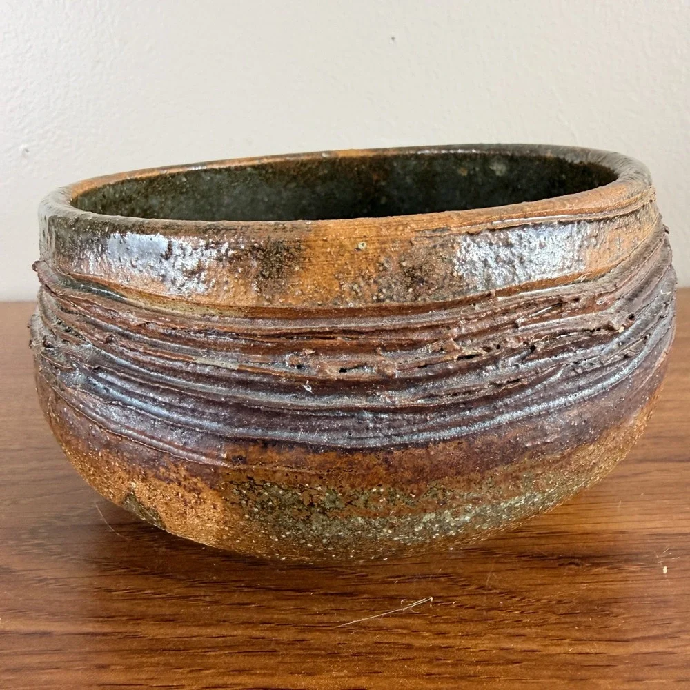 Signed Studio Art Pottery Bowl Rustic Hand Thrown Brown Green Stoneware 6 Inch